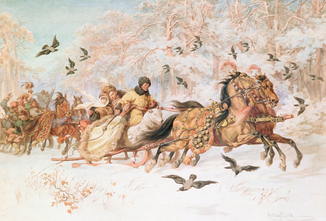 Olenka och Kmicic vid Kulig, ca 1887 av Juliusz Fortunat Kossak