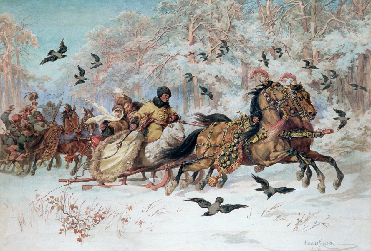 Olenka och Kmicic i en släde, 1885 av Juliusz Fortunat Kossak