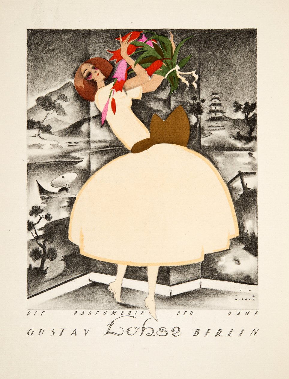 Annons för Gustav Lohse, Berlin, Parfym för kvinnor, från Styl, pub.1922 (pochoirtryck) av Jupp Wiertz