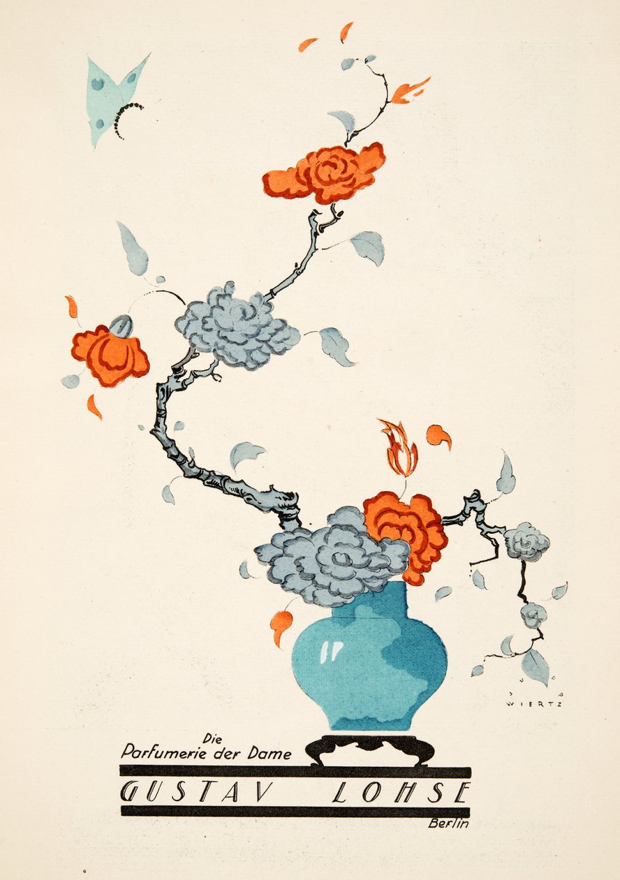 Annons för Gustav Lohse, Parfym för kvinnor, från Styl, pub.1922 (pochoirtryck) av Jupp Wiertz