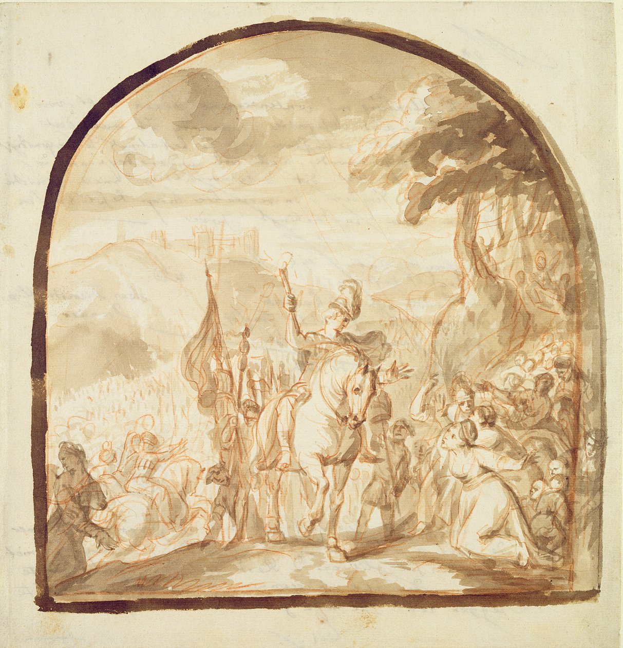 Claudius Civilis lader kvinderne og børnene gå og kæmpe ved Xanten, 1662 (pen og brunt blæk og kridt på papir) av Jürgen Ovens