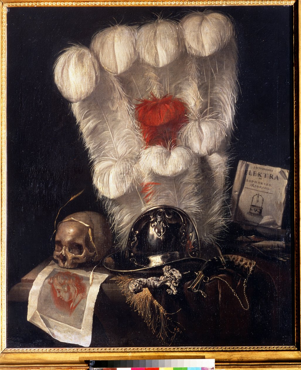 Fåfänga med dödskalle omgiven av ett öra av vete, hjälm, dolk (eller svärd), horn, fjädrar och en kopia av "Electra" av Sophocles. Målning av Jurlaen van Streeck (1632-1687). Olja på duk, 98 x 84 cm av Jurian van Streeck or Streek