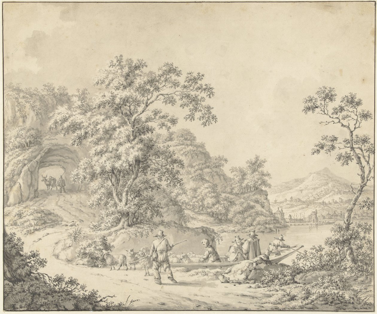 Landskap med en båt där en herde med sin flock av Jurriaan Andriessen (attributed to)