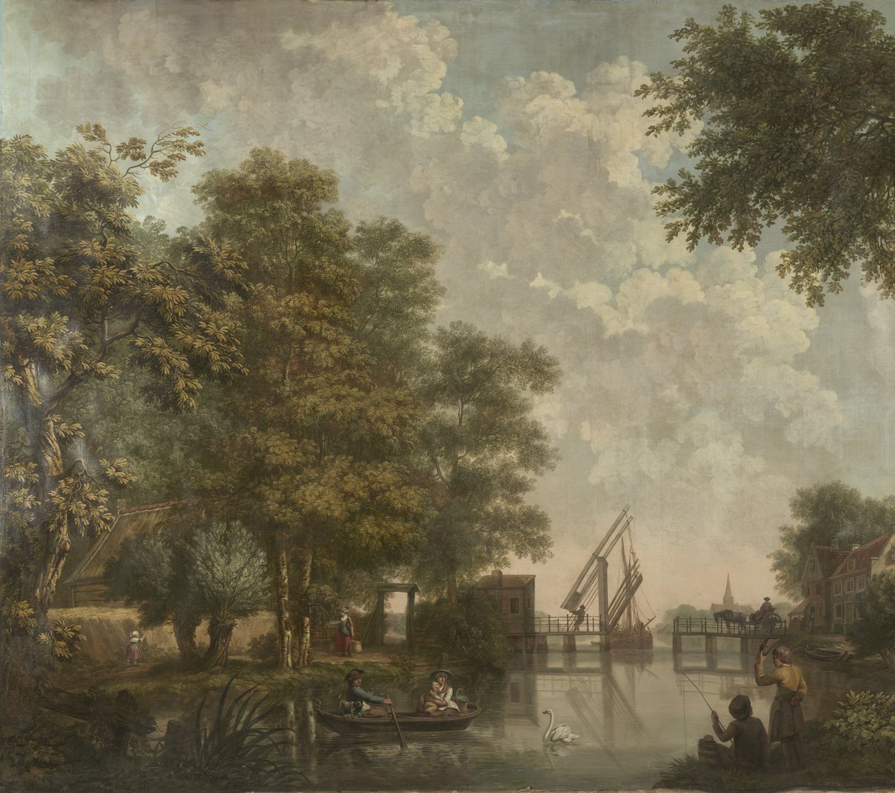 Tre väggbonader med holländskt landskap Tapetmålning av ett holländskt landskap med en öppen bro Tre tapetmålningar av ett holländskt landskap av Jurriaan Andriessen (attributed to)