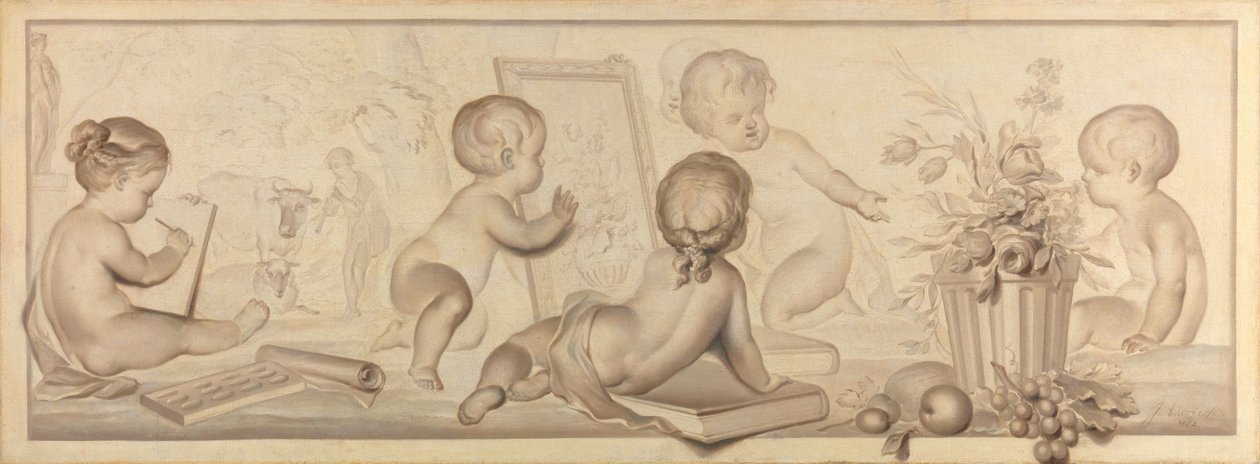 Sex Putti med blommor och frukt och attribut för teckningskonsten av Jurriaan Andriessen (signed by artist)