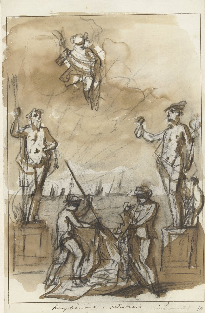 Handel och sjöfart, dekoration på Nieuwmarkt, 1795 Handel och sjöfart (titel på objekt) av Jurriaan Andriessen