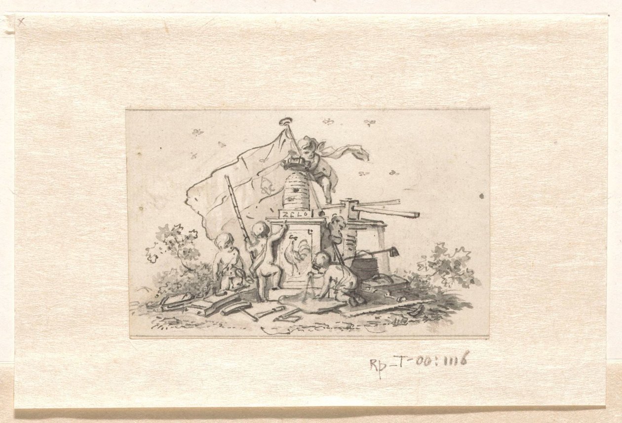 Putti med symboler relaterade till VOC, Chamber of Amsterdam och den franska tuppen av Jurriaan Andriessen