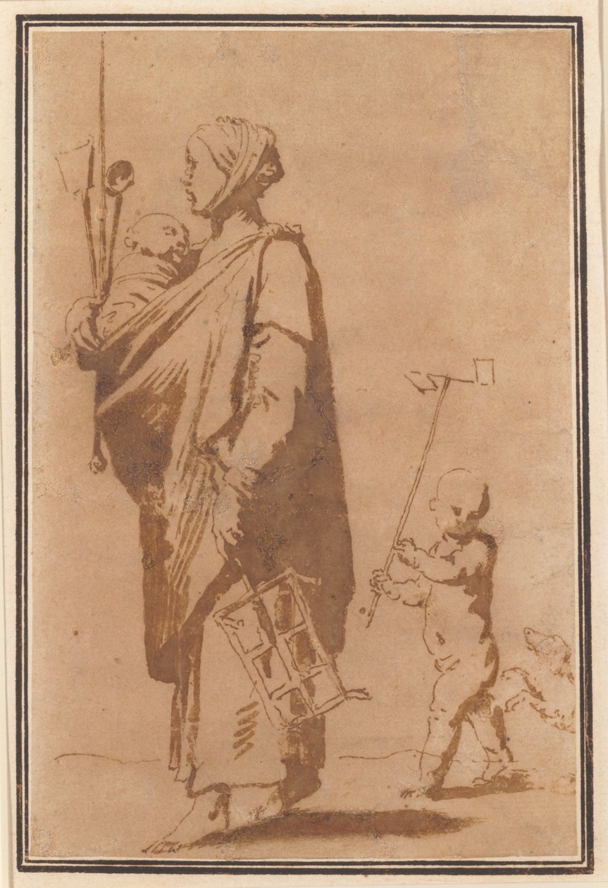 En mamma bär på ett barn och köksredskap, följt av en pojke och en hund av Jusepe de Ribera