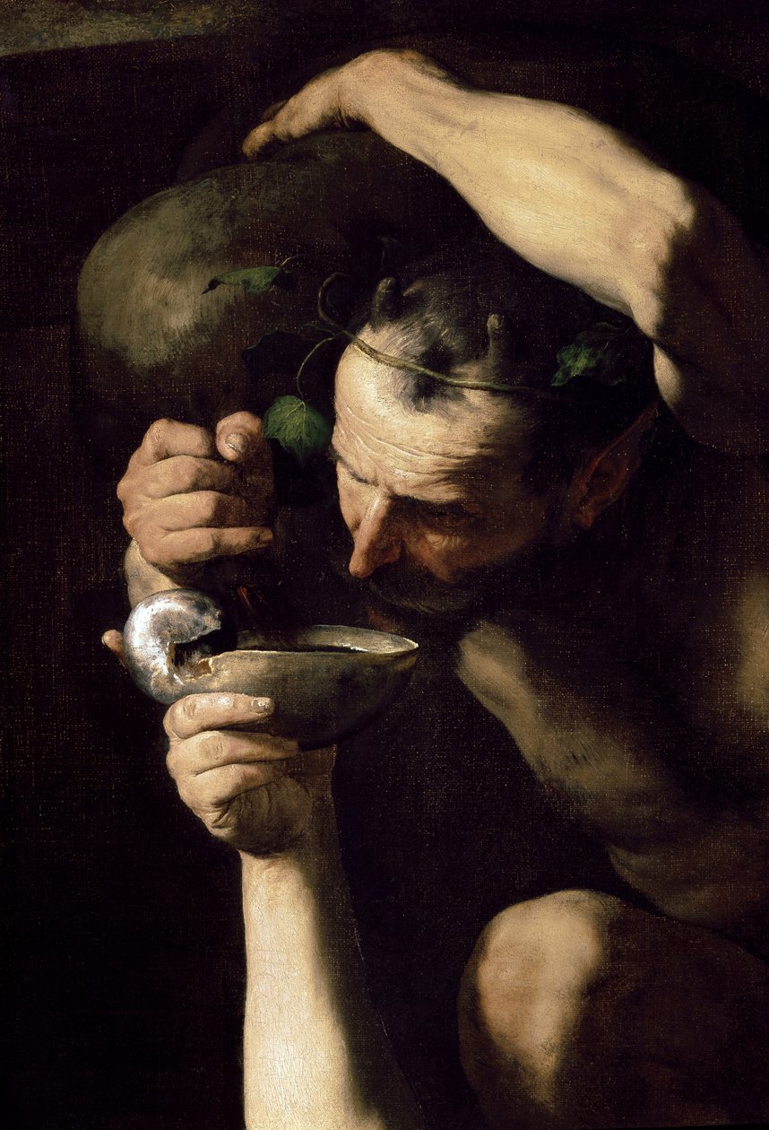 Drunk Silenus - The Drunk Silene (Detalj). Målning av Jose (Joseph) av Ribera, av Spagnoletto (1591-1652) av Jusepe de Ribera