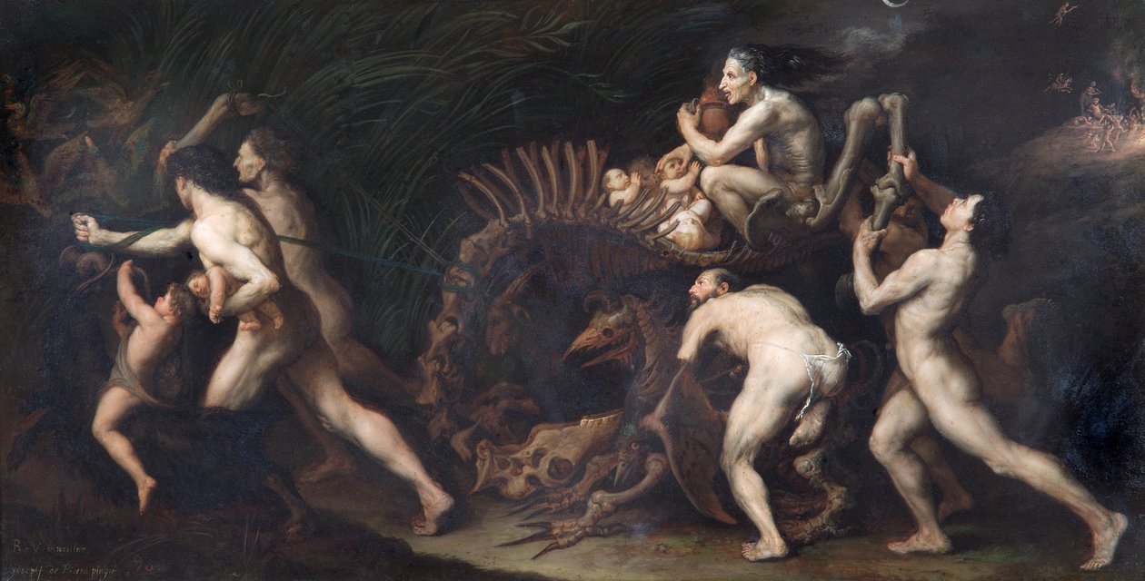 La Carcasse : A Witch Being Drawn on the skeleton of a monster, pre c.1620 (olja på koppar) av Jusepe de Ribera