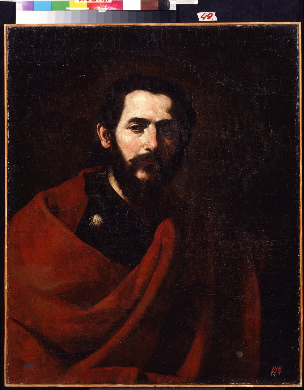 Aposteln Sankt Jakob den Större (Apostel Sankt Jakob den Store). Porträtt av Jacques de Zebedee, en av Kristi tolv lärjungar. Målning av Jose de Ribera kallad il Spagnoletto ""spanjoren"" (1591-1652). Olja på duk. Spansk konst, barockstil. R av Jusepe de Ribera