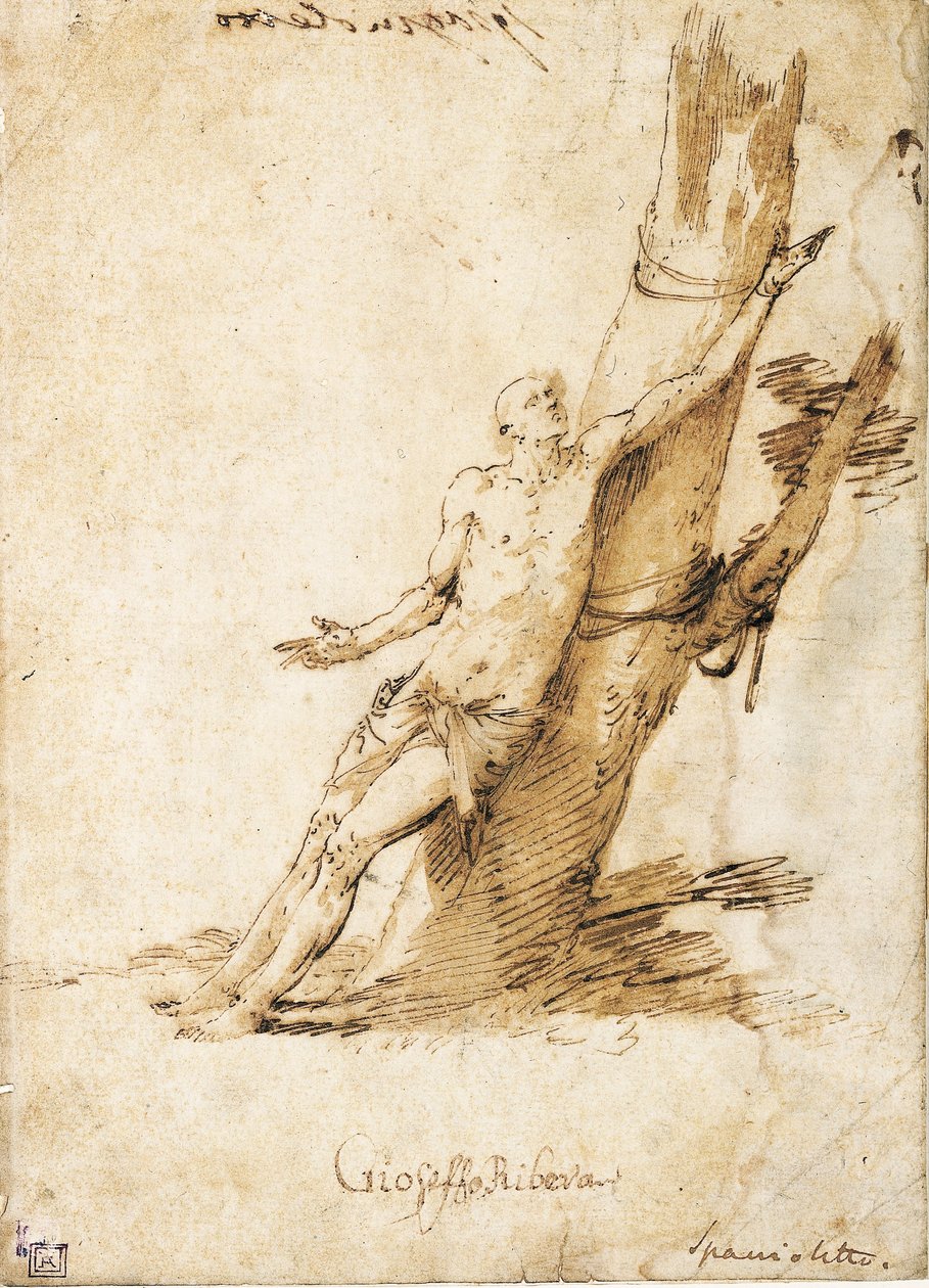 Saint Sebastian bunden till ett träd och tittar upp till höger av Jusepe de Ribera