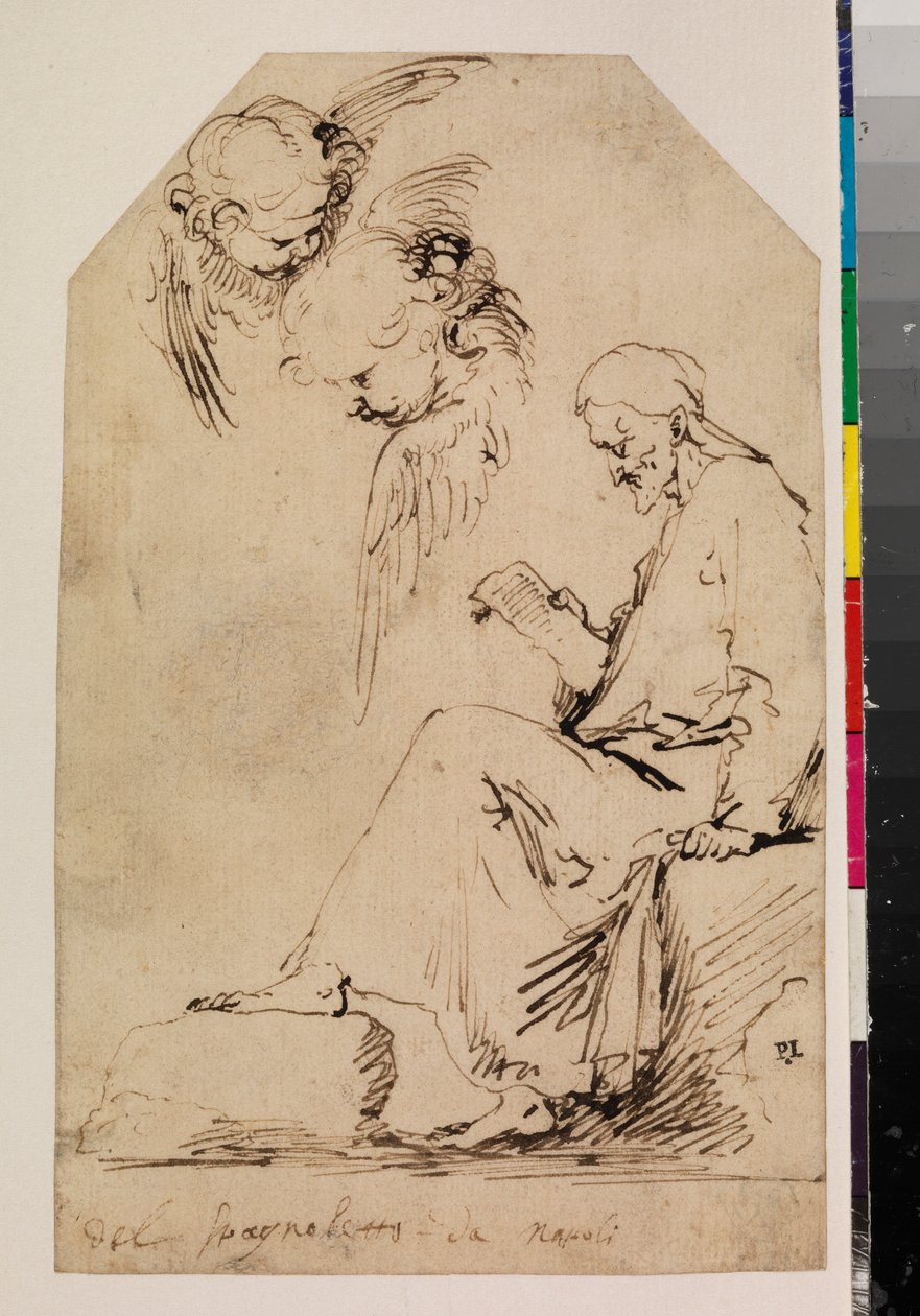 Studieark med en sittande man som läser och två keruber, 1620-talet av Jusepe de Ribera