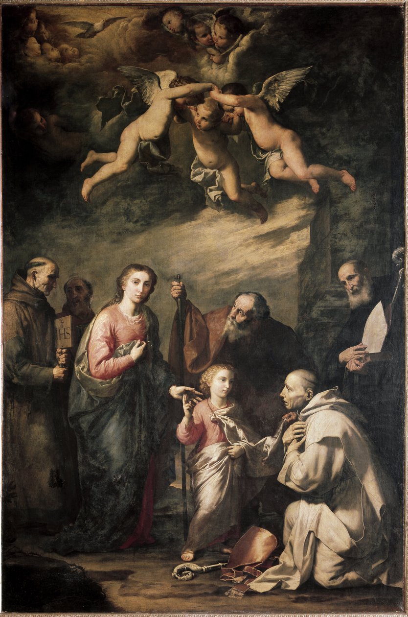 Den heliga familjen med Saint Bruno av Köln och andra helgon - Den heliga familjen med Saint Bruno av Köln och andra helgon. Målning av Jose (Jusepe) av Ribera, dit lo Spagnoletto (1591-1652) av Jusepe de Ribera