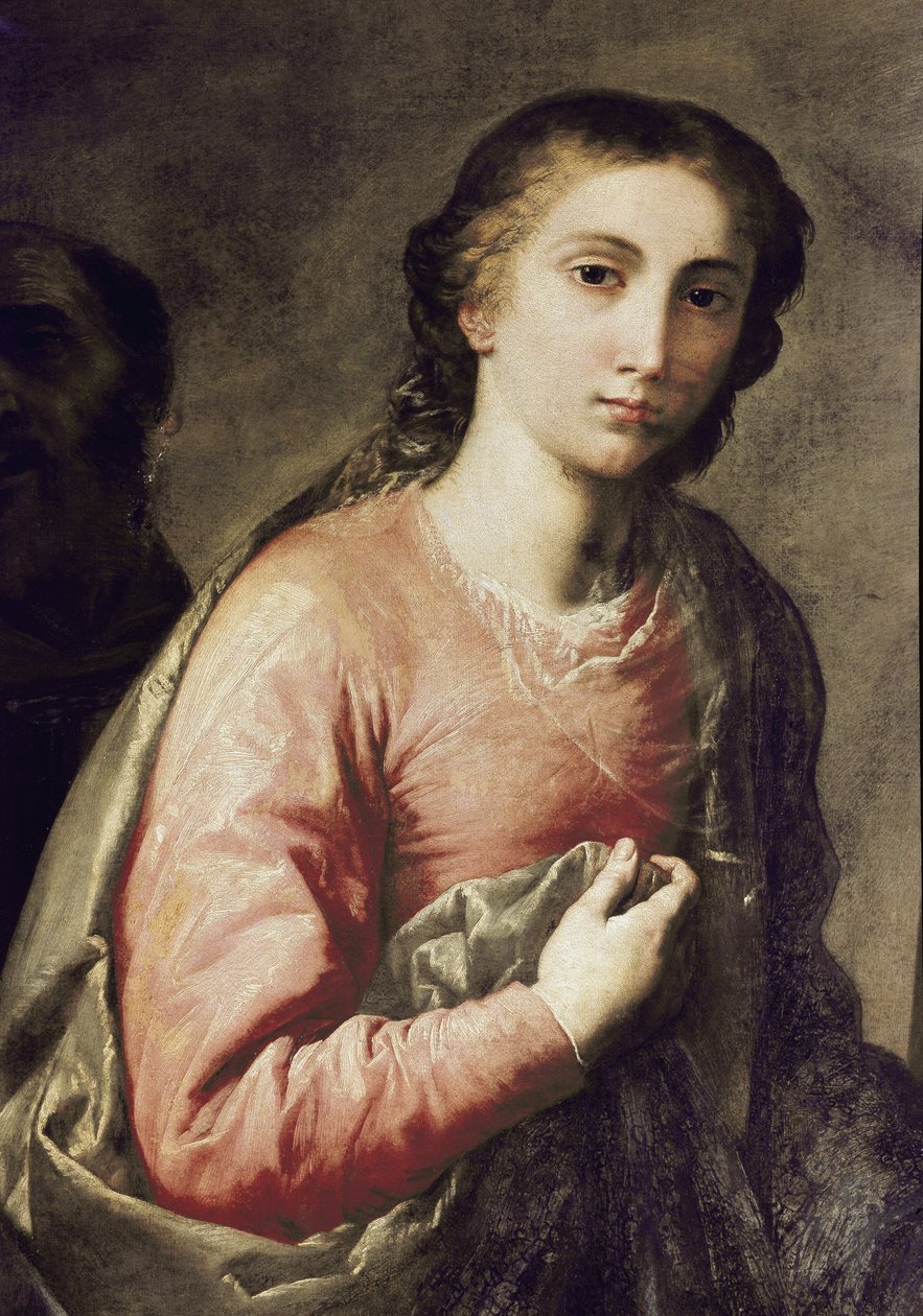 Oskulden. Detalj av den heliga familjen med Saint Bruno av Köln och andra helgon. Målning av Jose (Jusepe) av Ribera, dit lo Spagnoletto (1591-1652) av Jusepe de Ribera