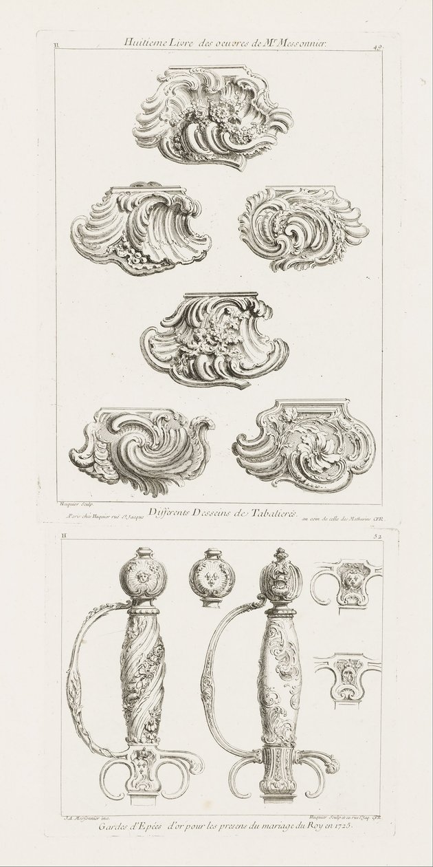 Differents Desseins de Tabatieres, premiere planche (Olika mönster för snusdosor), s. 49 i Oe.... av Juste Aurèle Meissonnier