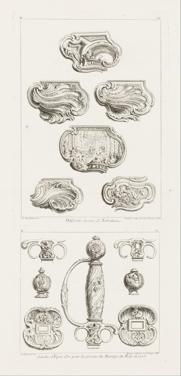 Differents Desseins de Tabatières, deuxième planche (Different Designs for Snuff Boxes, second plate... av Juste Aurèle Meissonnier