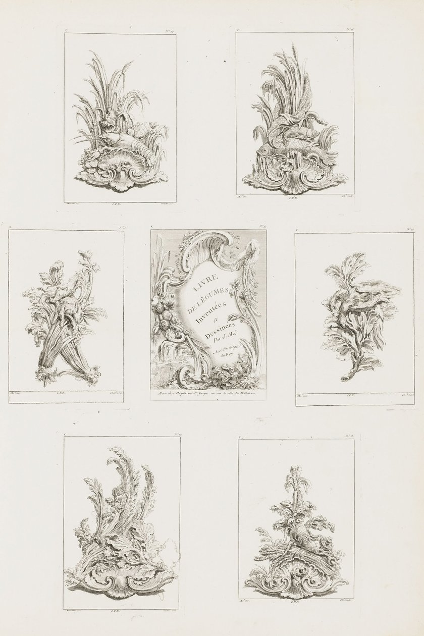 Dekorationsdesign med kräftmotiv, pl. 14 i Livre des Légumes (Serie av vegetabiliska ornament)pl. i.... av Juste Aurèle Meissonnier