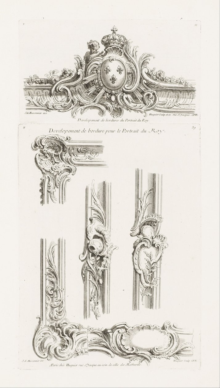 Design av Cartouche med kungens armar centrerade i en gräns av Juste Aurèle Meissonnier