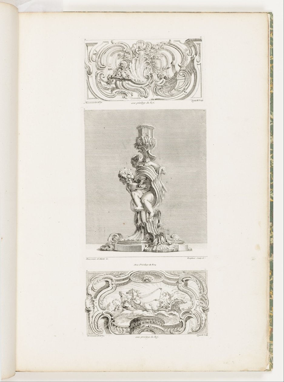 Prydnadspanel med skalfontän flankerad av kransar och voluter, pl. 22 i Oeuvre de Juste-Aurèle av Juste Aurèle Meissonnier