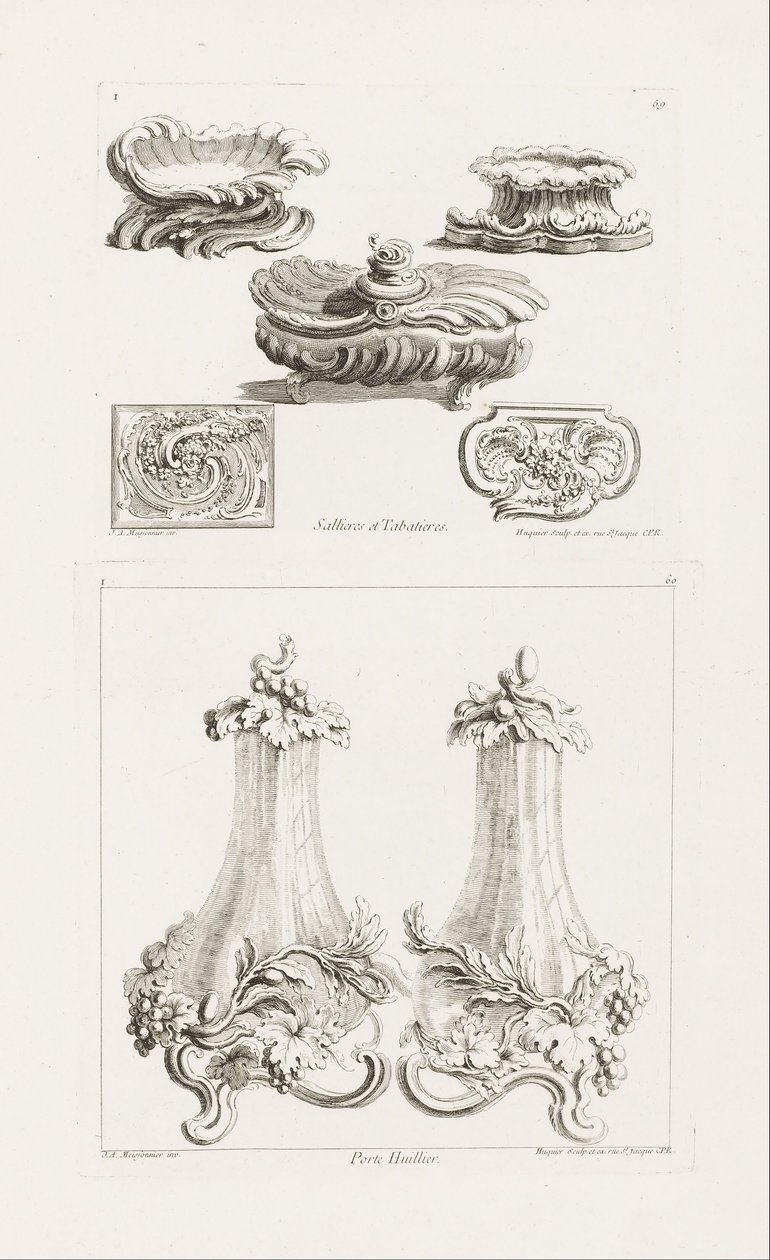 Sallieres et Tabatières (Saltskålar och snusdosor), tallrik 69 i Oeuvres av Juste Aurèle Meissonnier