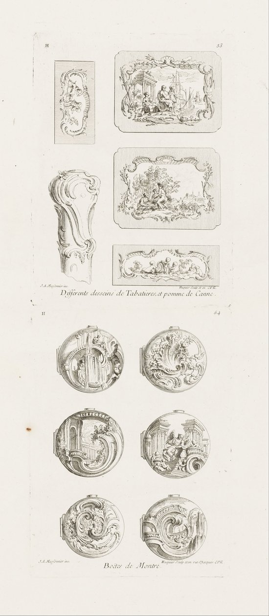 Olika mönster för snusdosor och käpphandtag, 5:e tallrik, pl. 53 i verk av Juste-Aurèle Meissonnier av Juste Aurèle Meissonnier