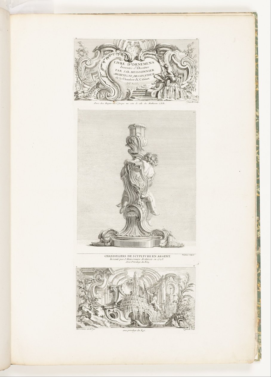Ornaments Books Invented & Drawn av J.A. Meissonnier Architect, Tecknare för sovrummet och skåpet DU ROI, pl. 20 i verk av Juste-Aurèle Meissonnier av Juste Aurèle Meissonnier