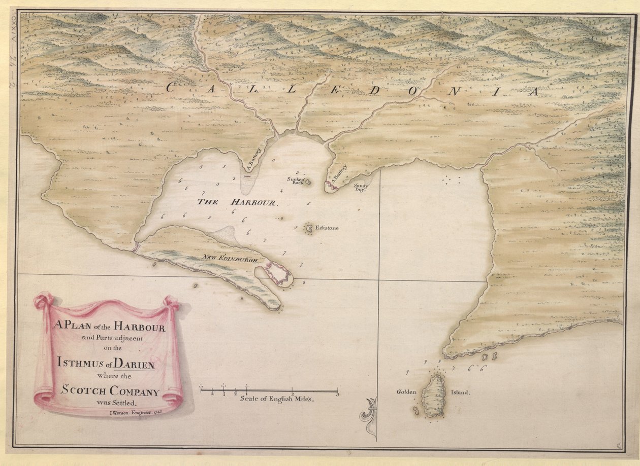 En PLAN över hamnen och delar av intilliggande på ISTHMUS av DARIEN där SCOTCH COMPANY var bosatt. / I. Watson: Ingenjör: 1743. av Justly Watson