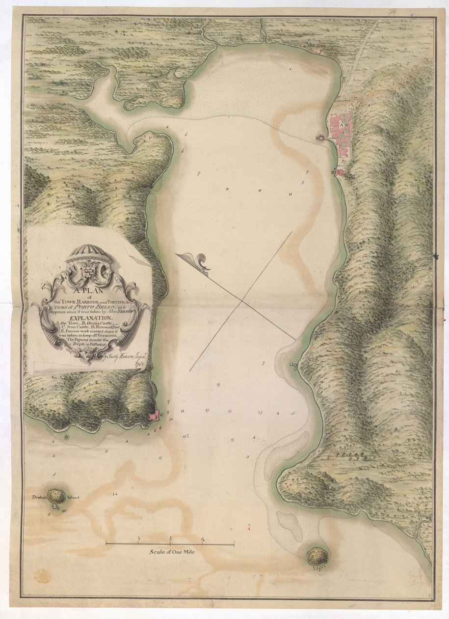 En plan över STADEN. PORTO BELLOS HAMN och FORTIFIKATIONER. som det ser ut sedan det togs av Adm: VERNON / Av Justly Watson; Ingenjör: 1742. av Justly Watson
