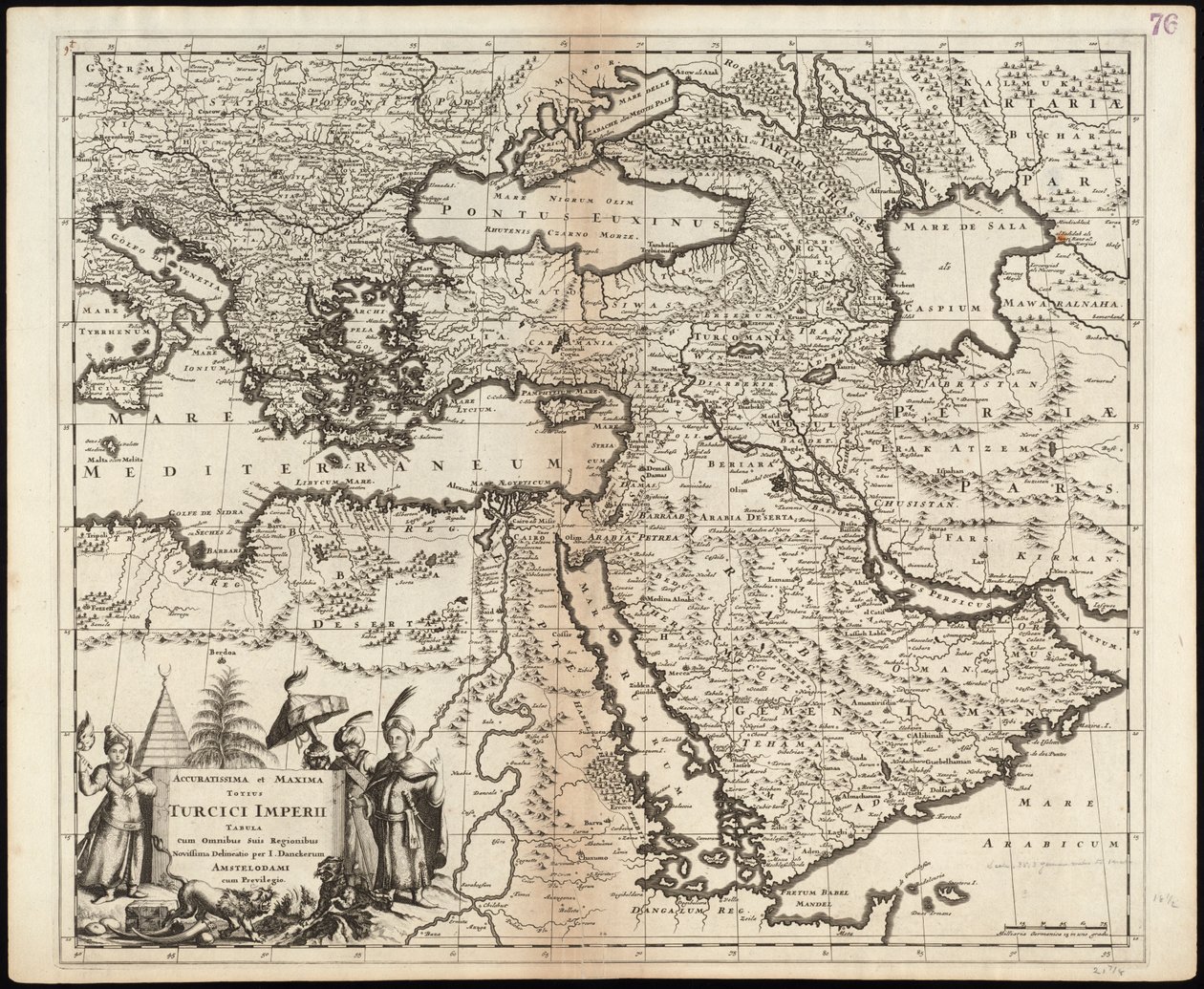 Den mest exakta och största kartan över hela det turkiska imperiet med alla dess länder av Justus Danckerts
