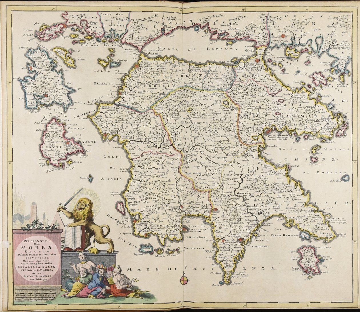Peloponnesus hodie Moreae regnum distincté divisum in omnes suas provincias hodiernas atque veteres cui et adiunguntur insulae Cefalonia, Zante, Cerigo et S.t Maura / auctore Iustus Danckerts av Justus Danckerts