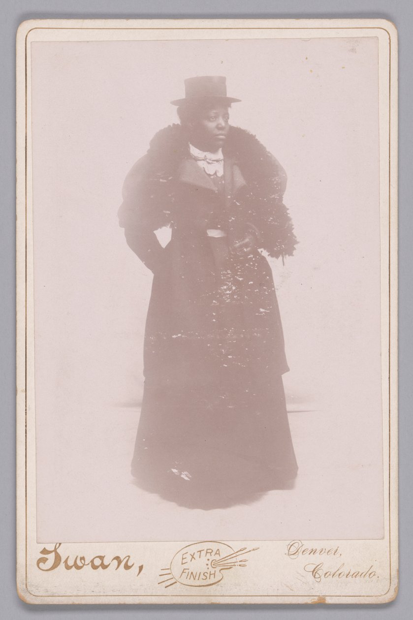 Skåpskort av en oidentifierad kvinna som bär en hatt och en pälsstol, ca. 1895. av Justus C. Swan
