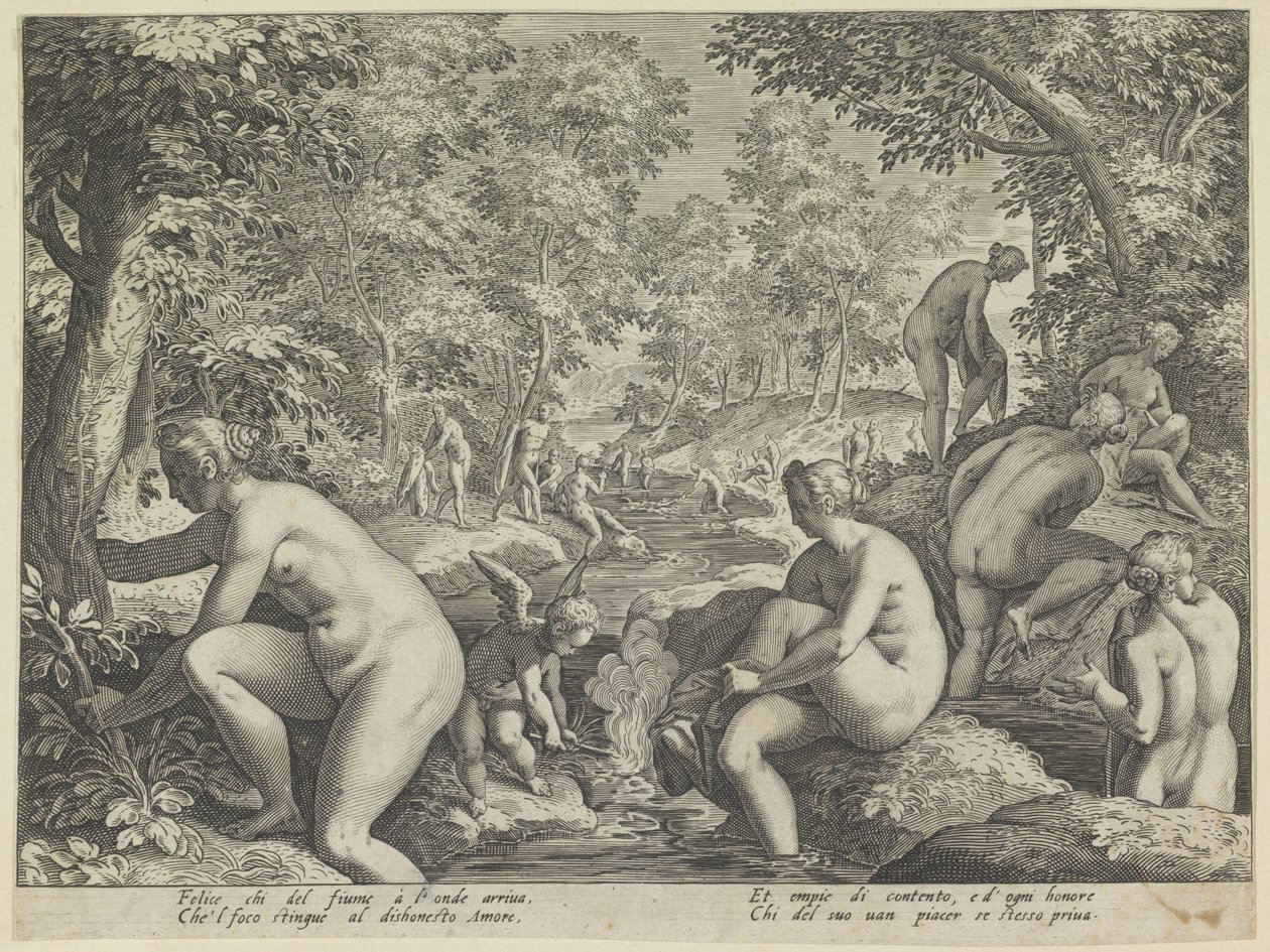 Badande kvinnor och män Älskar Letheo Olika aspekter av kärlek (serietitel) av Justus Sadeler (attributed to)