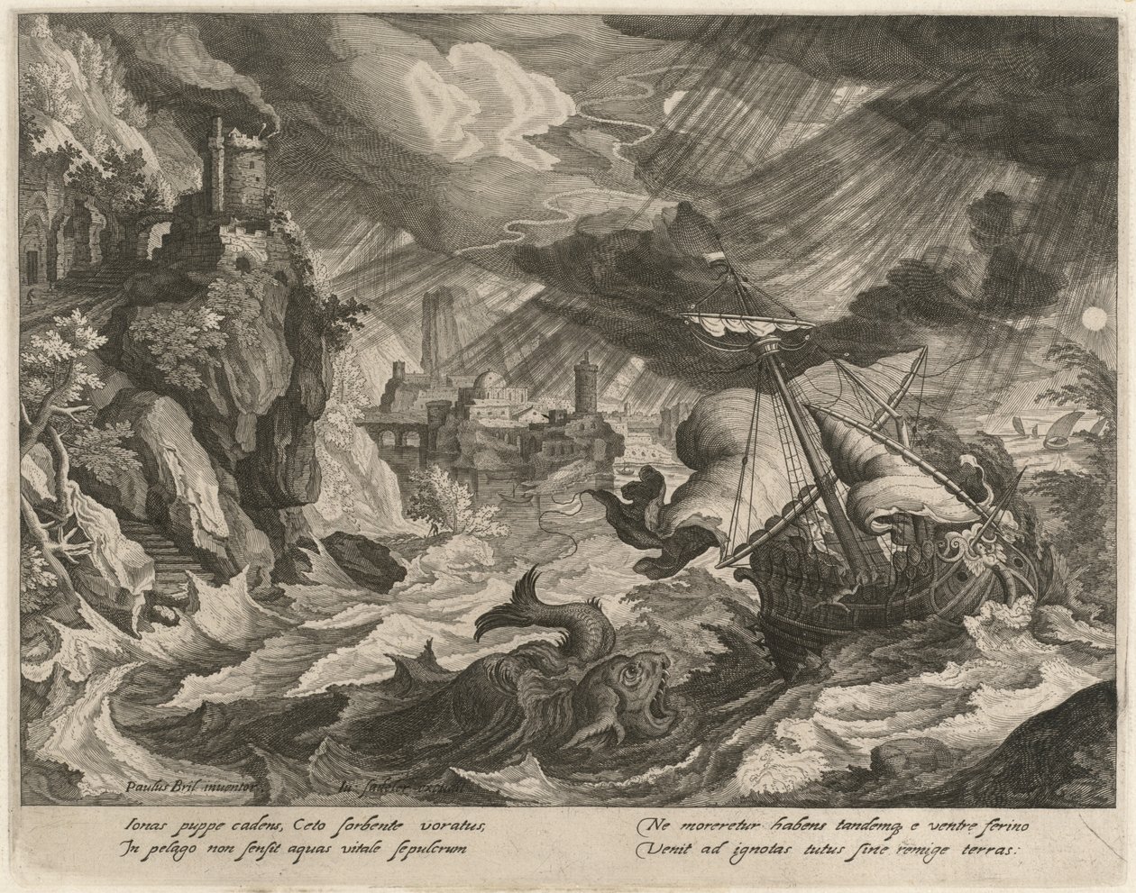 Jonah kastas i det stormiga havet av Justus Sadeler after Paul Bril