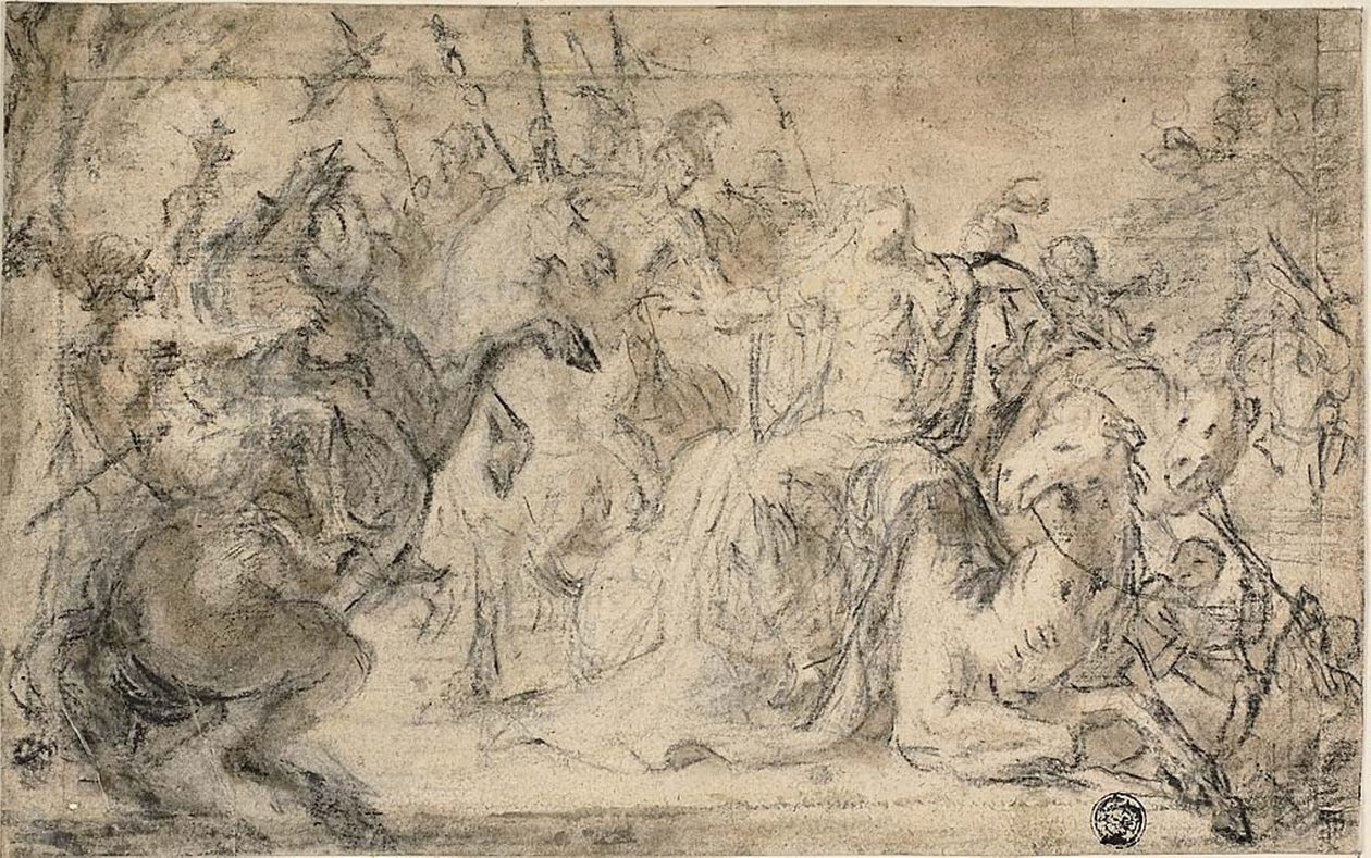 Zenobia omgiven av beridna soldater av Justus van Egmont