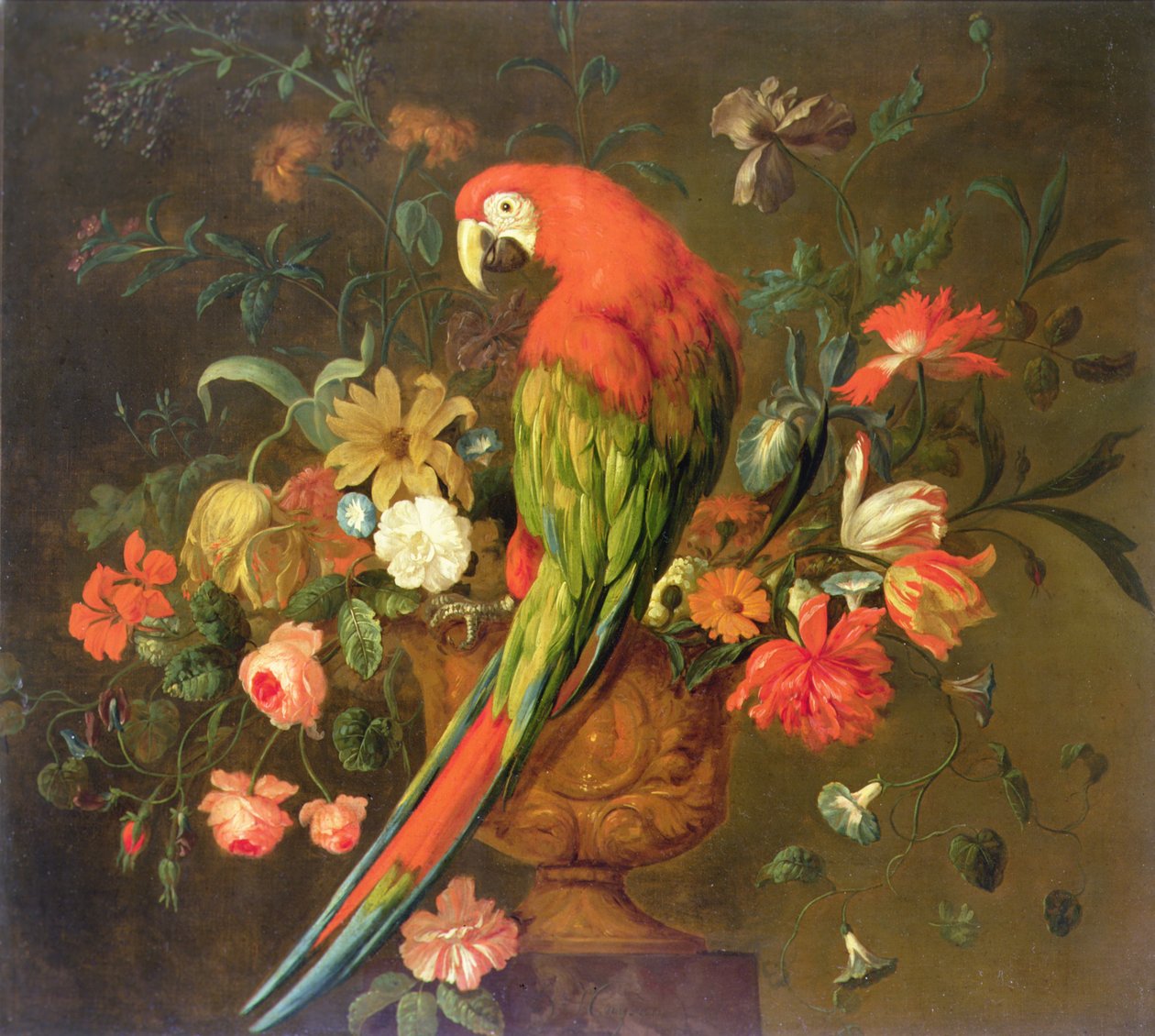 Scarlet Ara uppflugen på en skulpterad urna med blommor (olja på duk) av Justus van Huysum