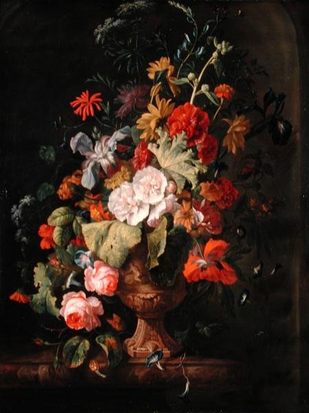 Vas med blommor (olja på duk) av Justus van Huysum