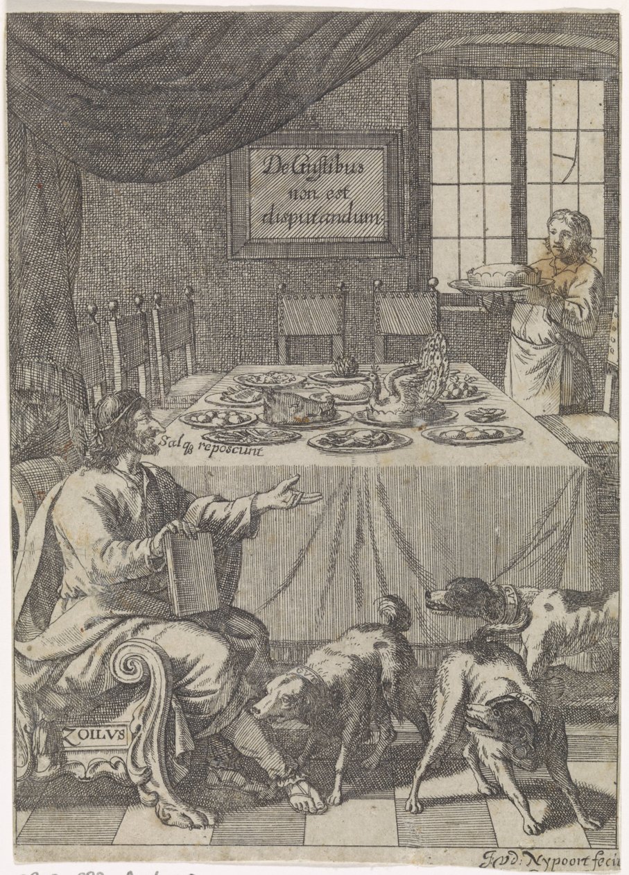 Zoilus sitter vid ett dukat bord De Gustibus non est disputandum (titel på objekt) av Justus van den Nijpoort