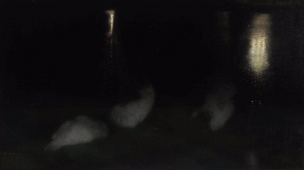 Nocturne. Svanar i Saxon Garden i Warszawa på natten av Jozef Pankiewicz