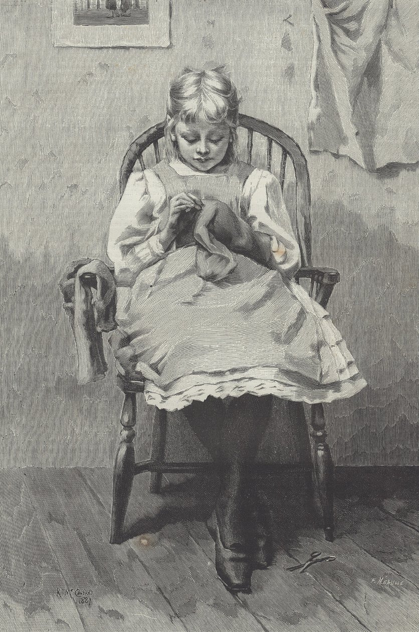 Tonårssömmerska, gravyr av Fortuné Méaulle (1844-1901) (gravyr) av K. McCausland
