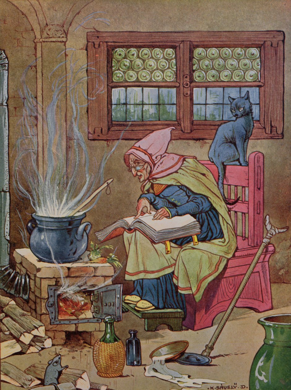 Häxa, illustration från en sagobok, ca 1910-20 (färgstick) av K. Savely Dezso