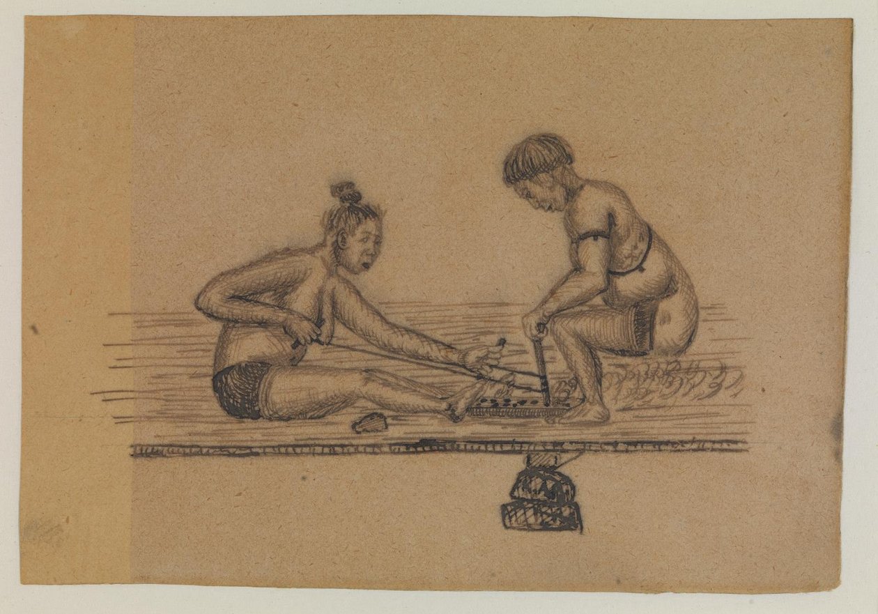 Illustration för en inuitlegend (två nakna personer som gör eld) av Kaarale Andreassen