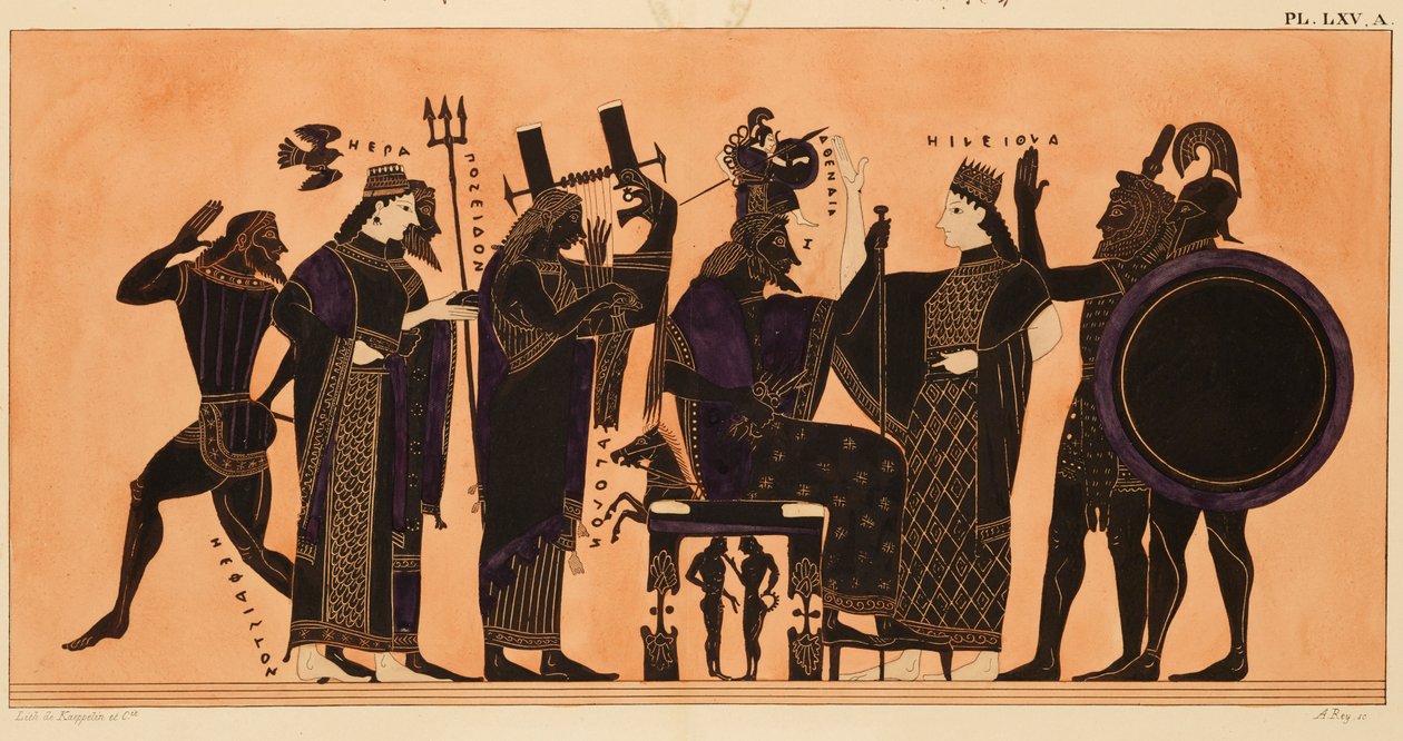 Tryck av dekorationen på en grekisk amfora, som visar Hefaistos, Hera, Poseidon, Apollo, Zeus, Athena, Eileithyia, Herakles och Ares, ca. 1844 (akvarell och kroppsfärg över litho på vävt papper) av Kaeppelin et Compagnie