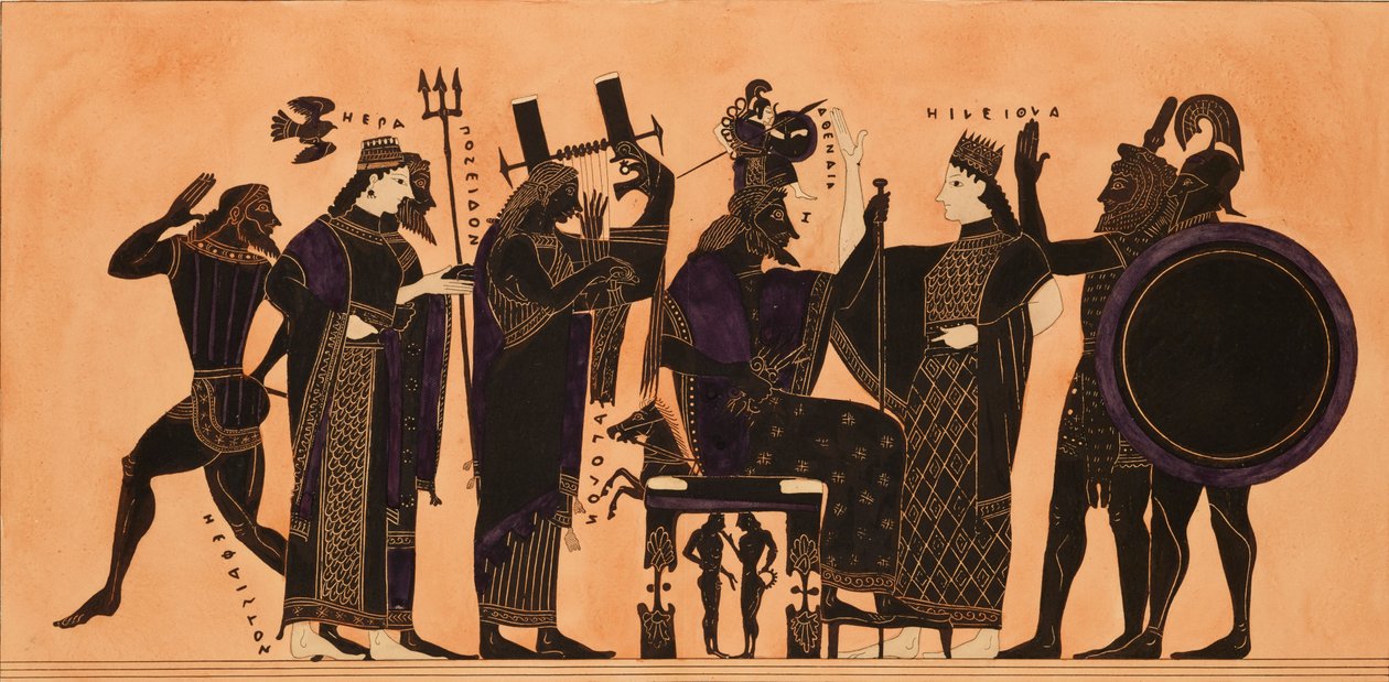 Tryck av dekorationen på en grekisk amfora, visar Hefaistos, Hera, Poseidon..., c1844. av Kaeppelin et Compagnie