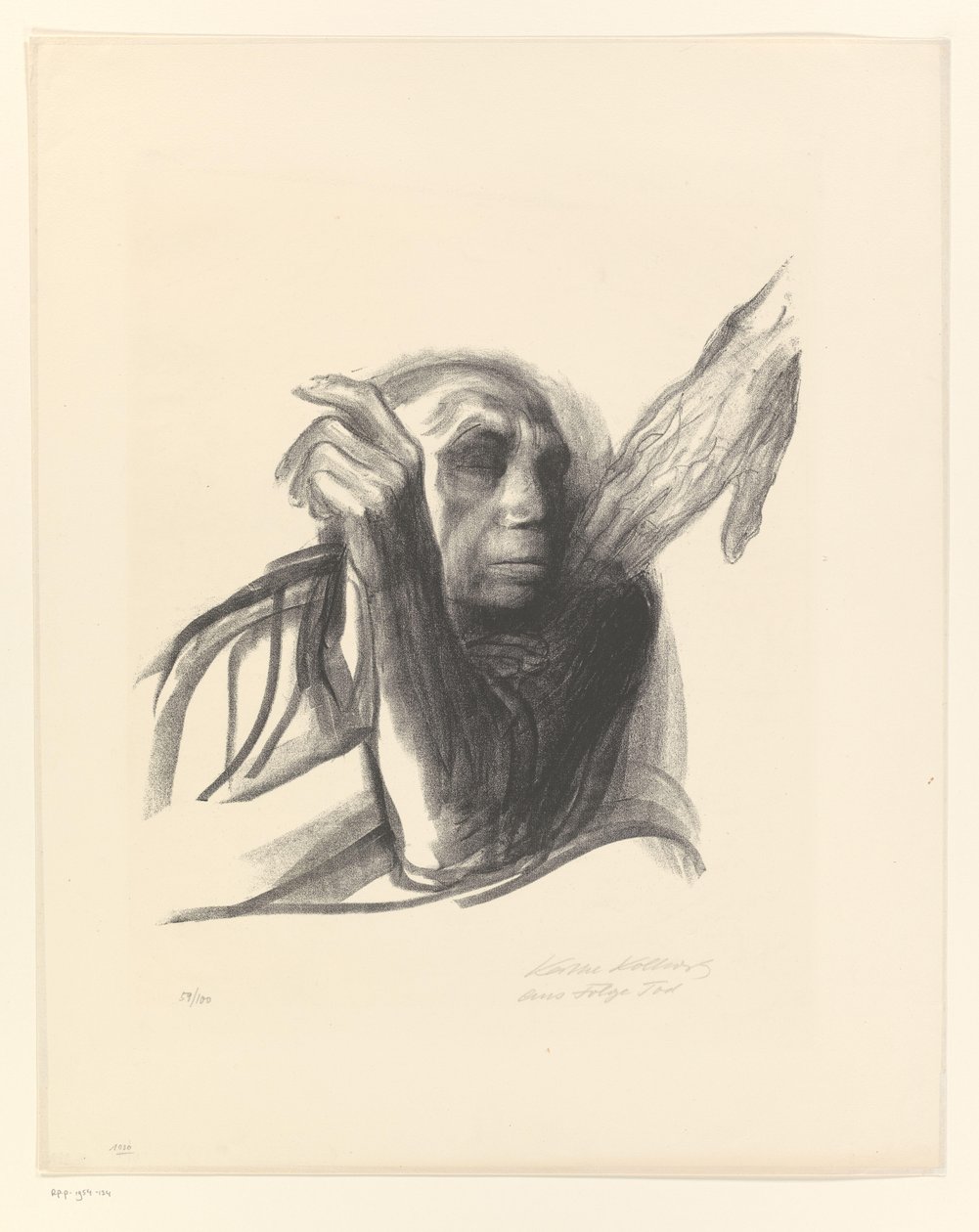Käthe Kollwitz som gammal kvinna med handen på axeln Ruf des Todes (originaltitel) Death (serietitel) Tod (original serietitel) av Käthe Kollwitz (signed by artist)