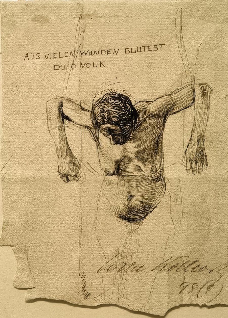 Nakenstudie för etsning Ni blöder från många sår, o människor av Käthe Kollwitz