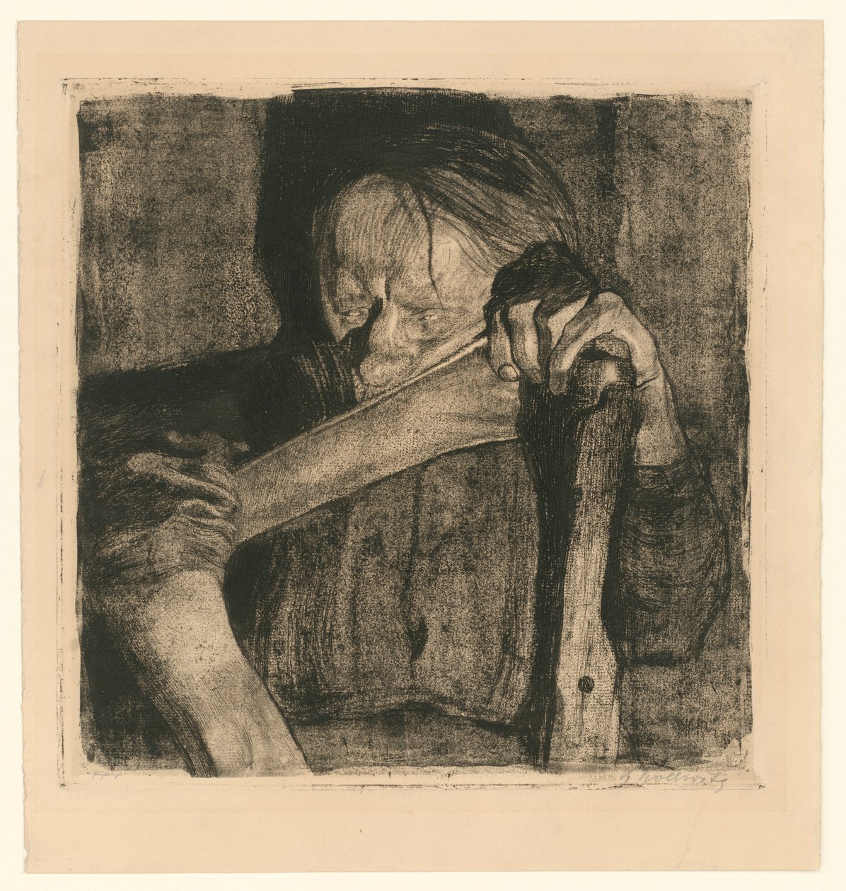 Vid slagningsarbetet (blad 3 ur ”Bauernkrieg”, 5:e utgåvan) av Käthe Kollwitz