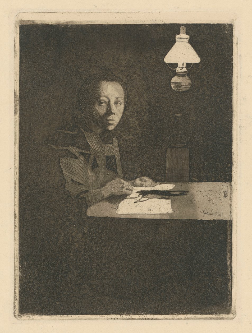 Självporträtt vid bordet (Slutgiltig version, 3:e tillståndet) av Käthe Kollwitz
