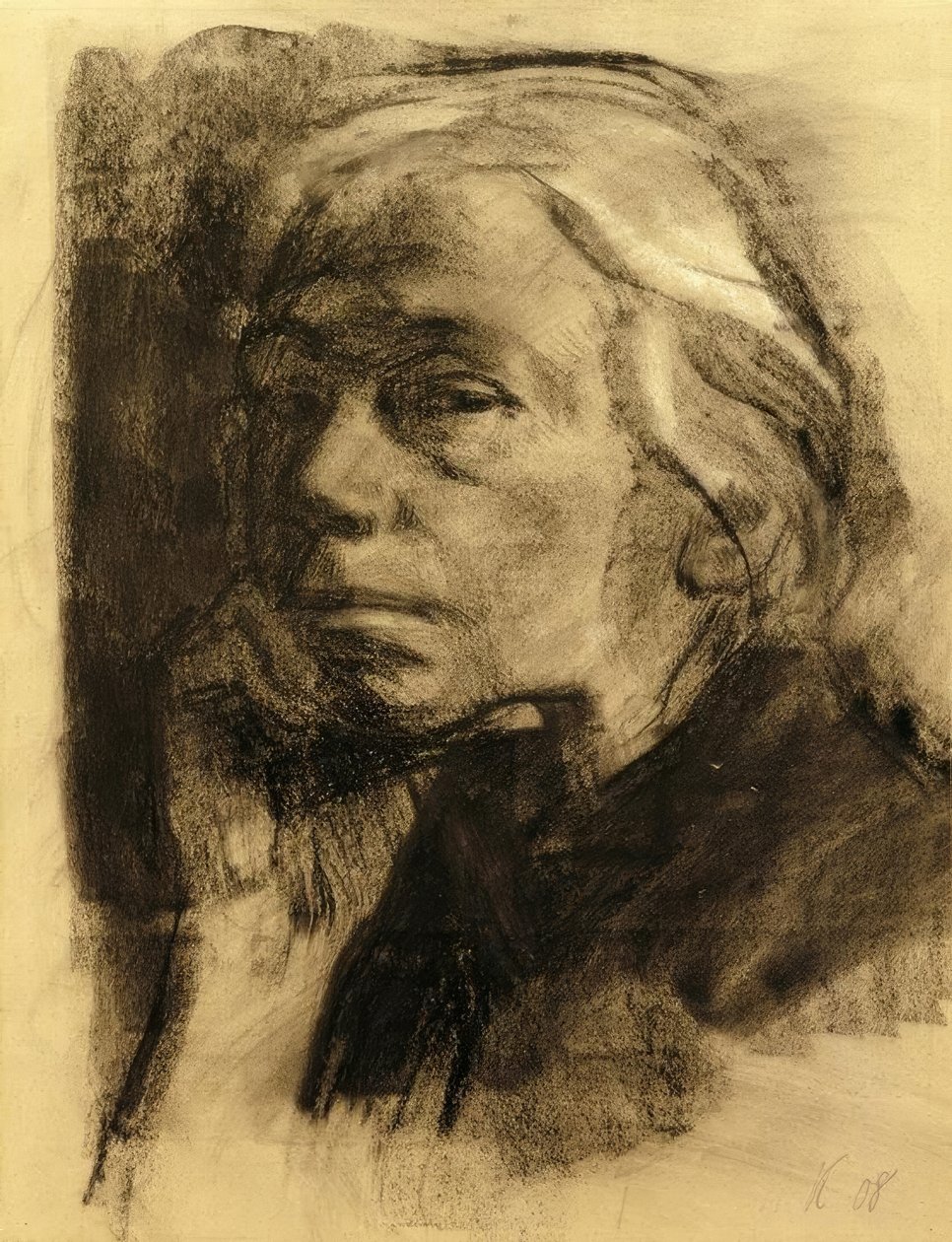 Självporträtt i trekvartsprofil till vänster av Käthe Kollwitz