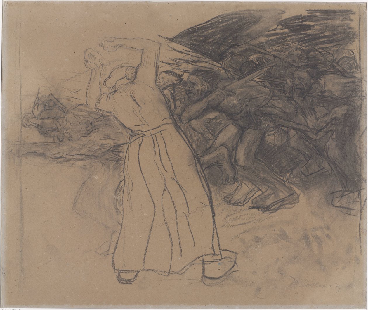 Stående folkkvinna uppmuntrar framryckande grupp män Losbruch (originaltitel) av Käthe Kollwitz